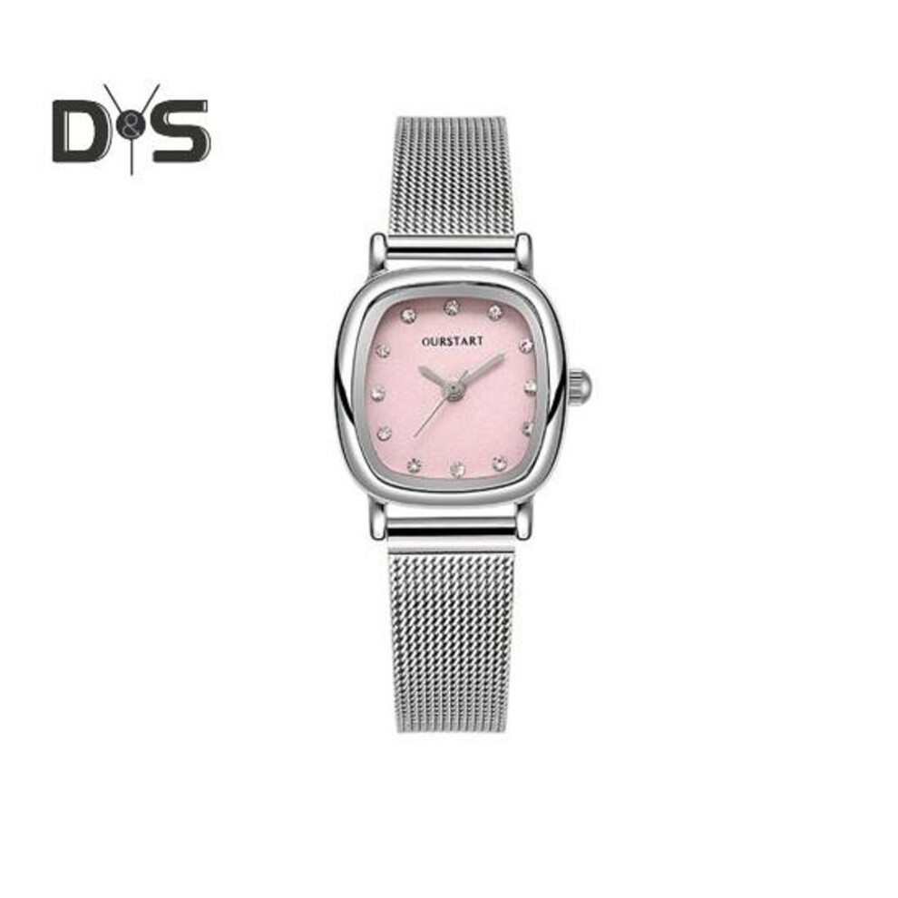 (pink) Women Watch Square Rhinestone Dial Mesh Band Quartz Movement Minimalist Ladies Girls Dress Wristwatch Fashion Jewelry Birthday Gift