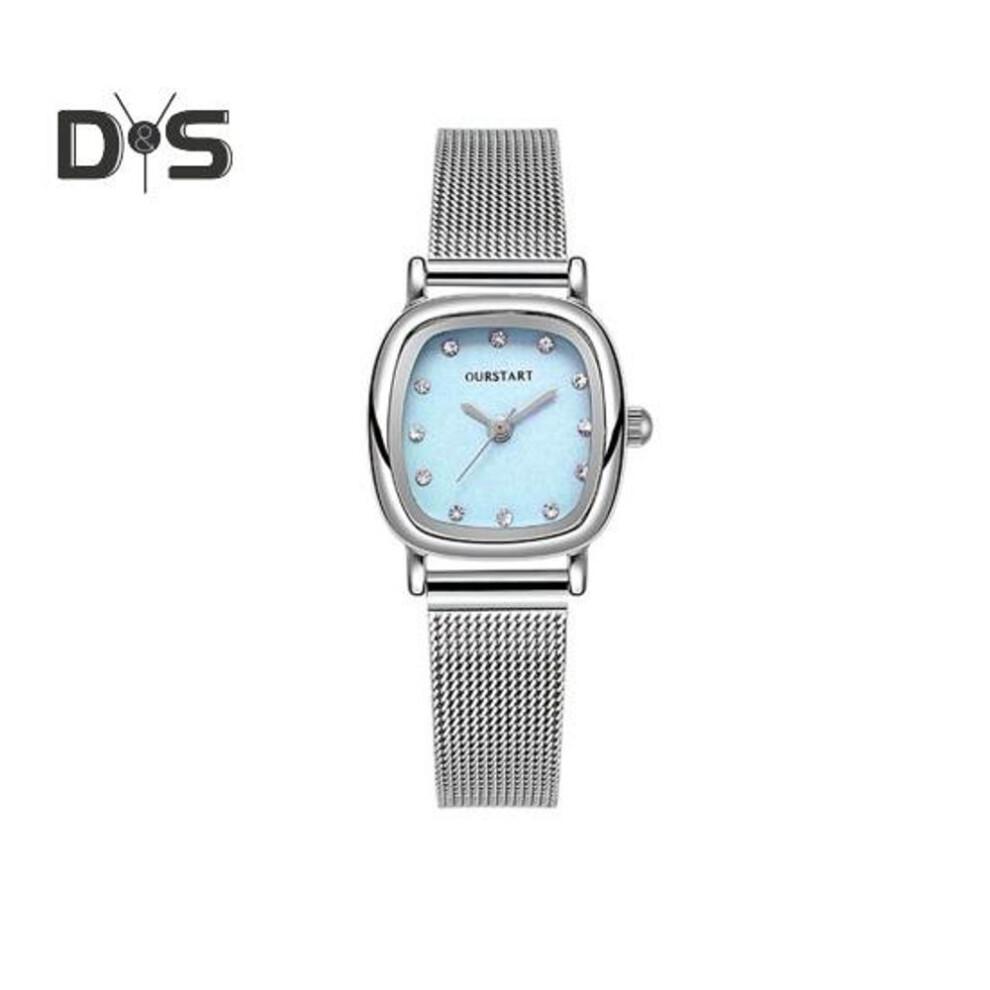 (blue) Women Watch Square Rhinestone Dial Mesh Band Quartz Movement Minimalist Ladies Girls Dress Wristwatch Fashion Jewelry Birthday Gift