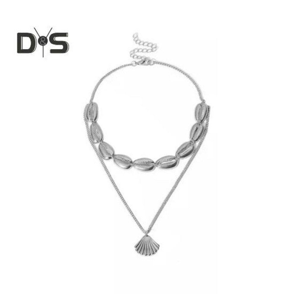 (silver) Women Necklace Double Layers Seashell Pendant Hollow Chain Ethnic Style Stainless Neck Decoration Jewelry Party Beach Clavicle Necklace