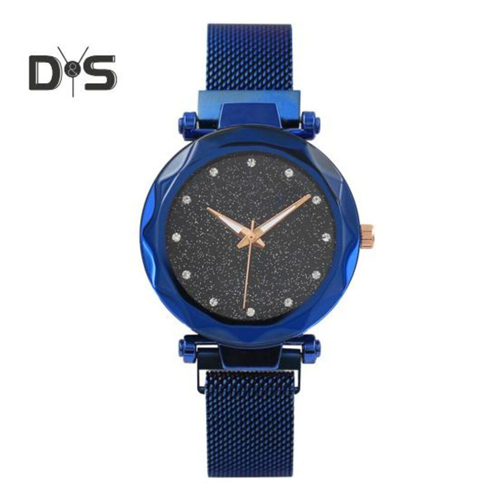 (blue) Women Rhinestone Watch Round Quartz Movement Elegant Minimalist Metal Ladies Girls Dress Wristwatch Fashion Jewelry Birthday Gift