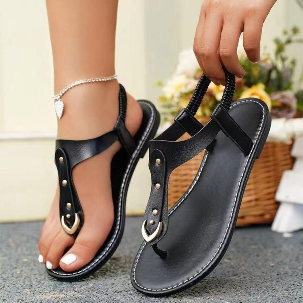 (black, 43) Sandals Women Toe Post Studded Sandals Simple Solid Colour Outside Thin Bottom Open Toe Clip Toe Beach Sandals Ladies Shoes