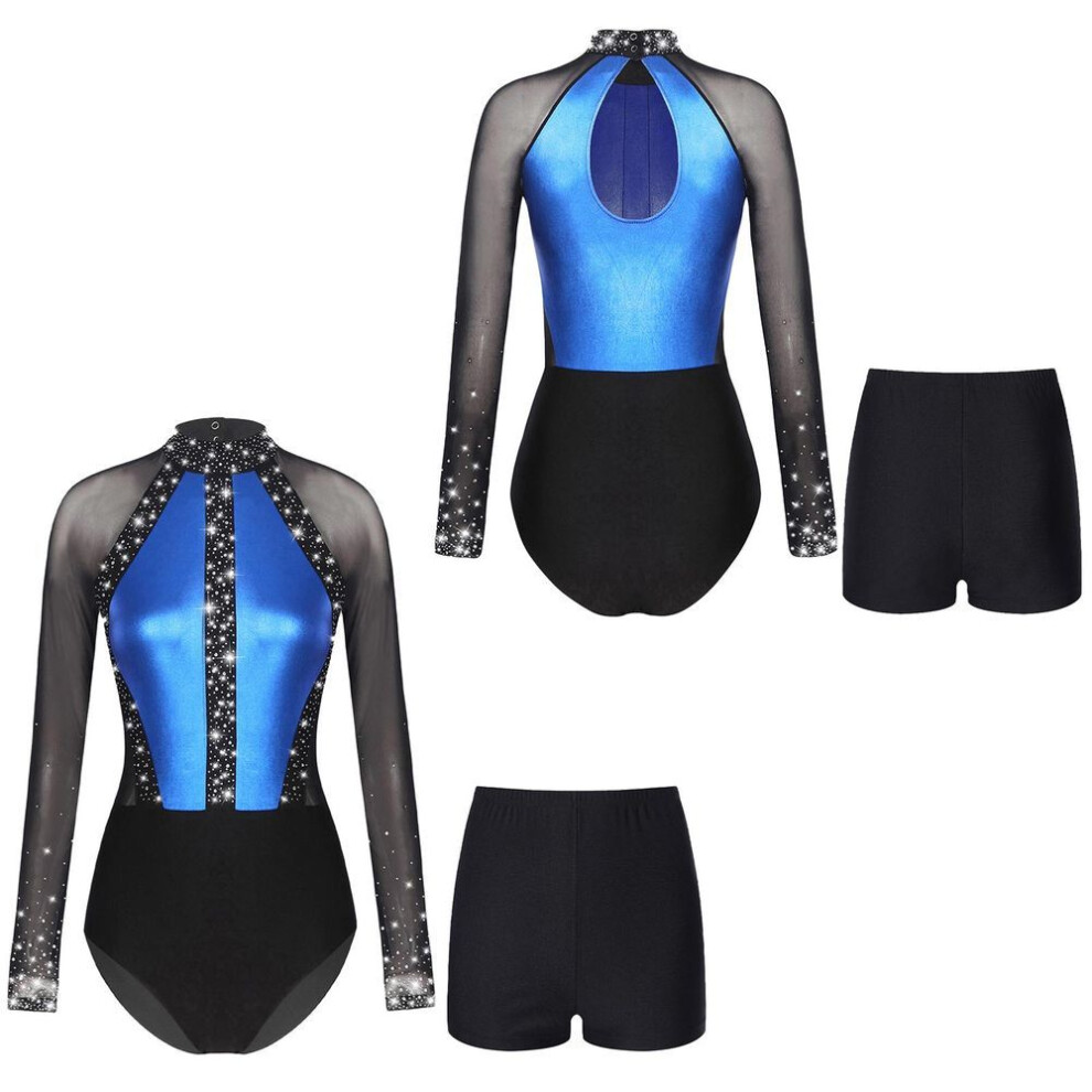 (royal blue, S) Womens Mesh Long Sleeve Gymnastics Bodysuit Rhinestones Ballet Dance Leotard Color Block Skating Jumpsuit Shorts Dancewear Sets