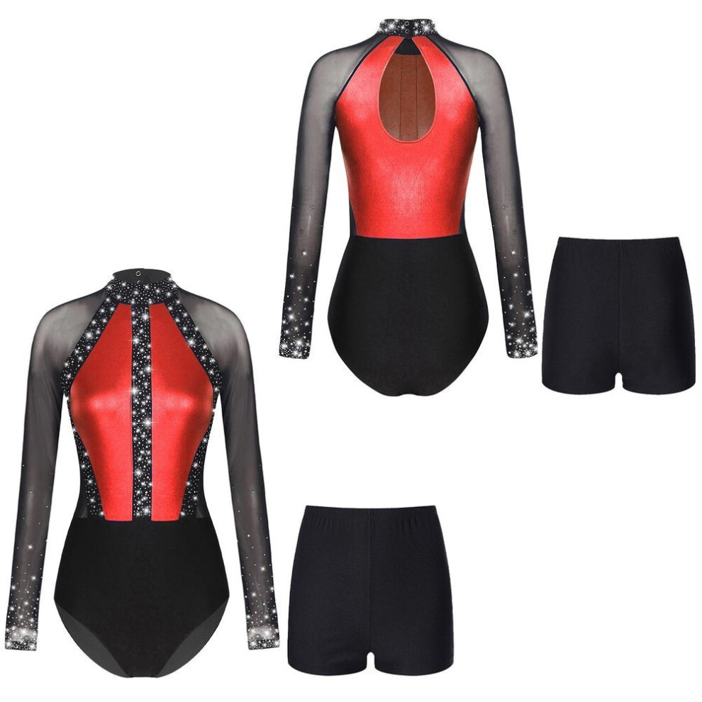 (red, L) Womens Mesh Long Sleeve Gymnastics Bodysuit Rhinestones Ballet Dance Leotard Color Block Skating Jumpsuit Shorts Dancewear Sets