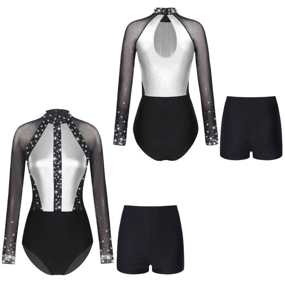 (dark gray, M) Womens Mesh Long Sleeve Gymnastics Bodysuit Rhinestones Ballet Dance Leotard Color Block Skating Jumpsuit Shorts Dancewear Sets