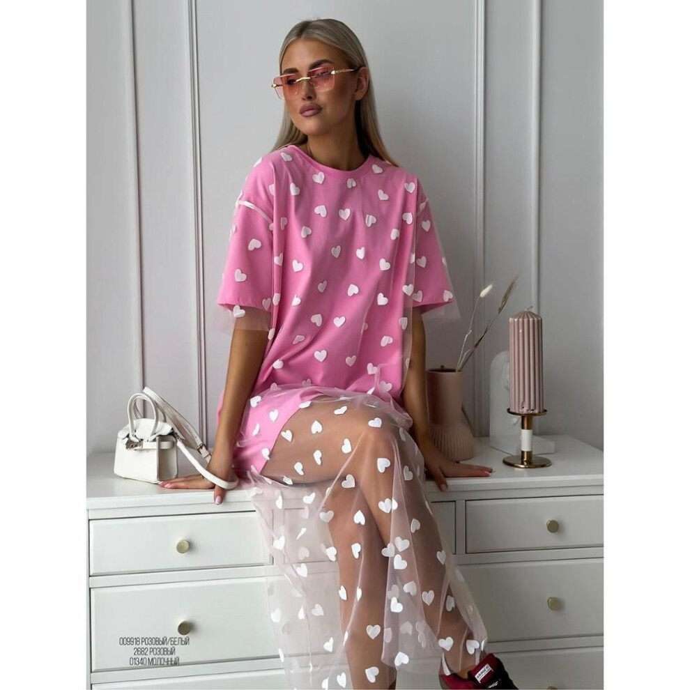 (pink, One Size) Hirsionsan Heart Mesh Patchwork Vintage Long T Shirt Dress Streetwear Aesthetic Chic Dresses Women Casual Cotton Short Sleeve Clothes Y2k