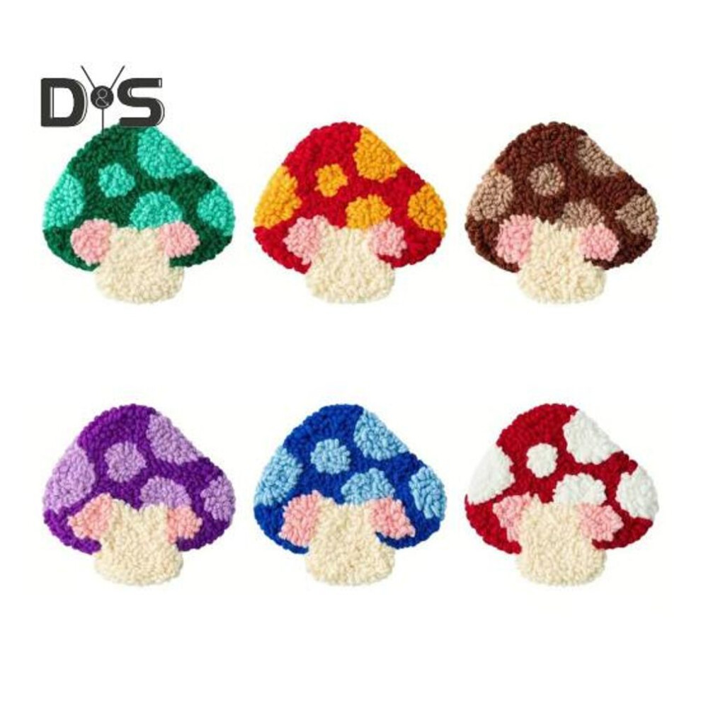 (as the picture, A) Diy Mushroom Coaster Kit Punch Needle Embroidery Set 6 Mushroom Patterns With Yarns Embroidery Hoop Tufted Rug Pads Craft Kit For Beginners Kids And