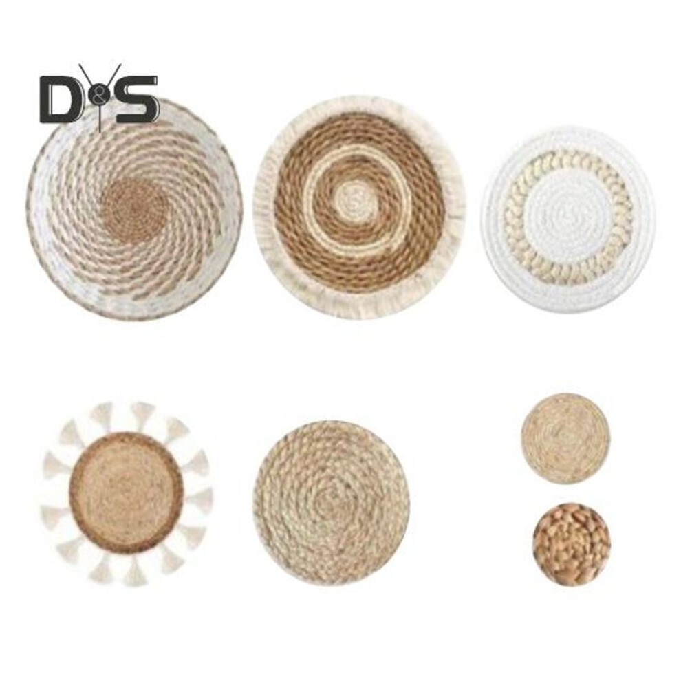 (as the picture, B) 7pcs/set Boho Wall Basket Decoration Handmade Woven Round Flat Wall Hanging Decor Bohemian Decorative Rustic Rattan Seagrass Wicker Wall Art