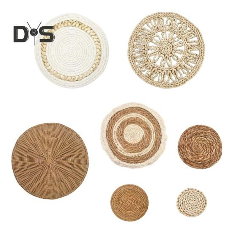 (as the picture, D) 7pcs/set Boho Wall Basket Decoration Handmade Woven Round Flat Wall Hanging Decor Bohemian Decorative Rustic Rattan Seagrass Wicker Wall Art