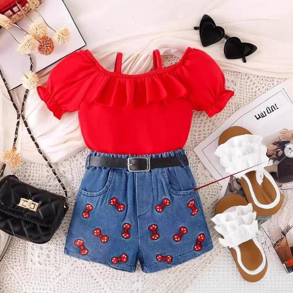 (red, 6Y) Kids‘ Clothing 2-8Y Summer Girls' Bubble Short Sleeve Top + Printed Bow Denim Shorts 2pcs