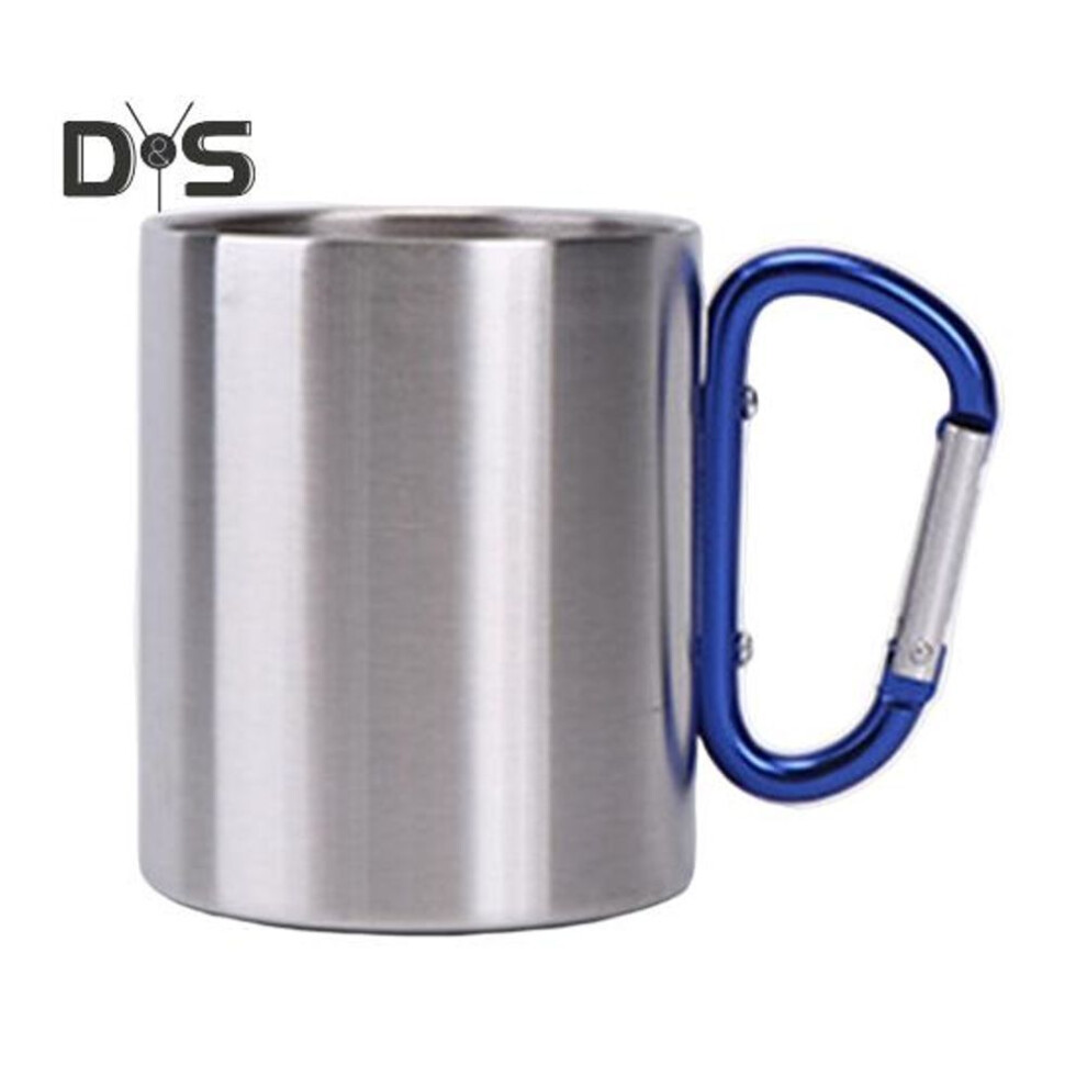 (silver,blue) Stainless Steel Cup 220ml Double-layered Cup For Camping Traveling Handle Carabiner Backpacking Hiking Portable Cups Outdoor Tea Coffee Mug