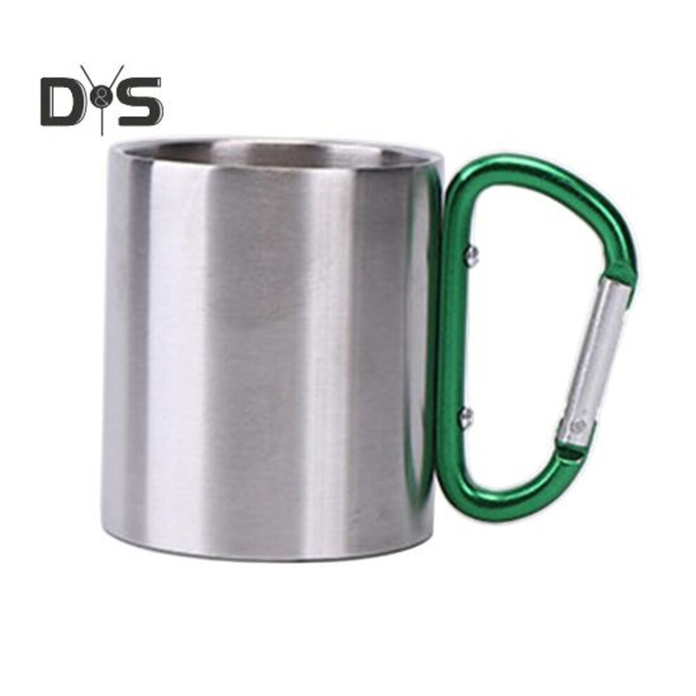 (silver green) Stainless Steel Cup 220ml Double-layered Cup For Camping Traveling Handle Carabiner Backpacking Hiking Portable Cups Outdoor Tea Coffee Mug