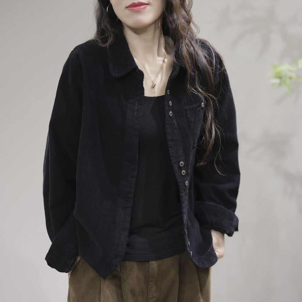 (M, black) Plus-size Womens Casual Fashion Turn Down Collar Long Sleeve Loose Corduroy Cardigans Blazer Jacket Loose L-3XL