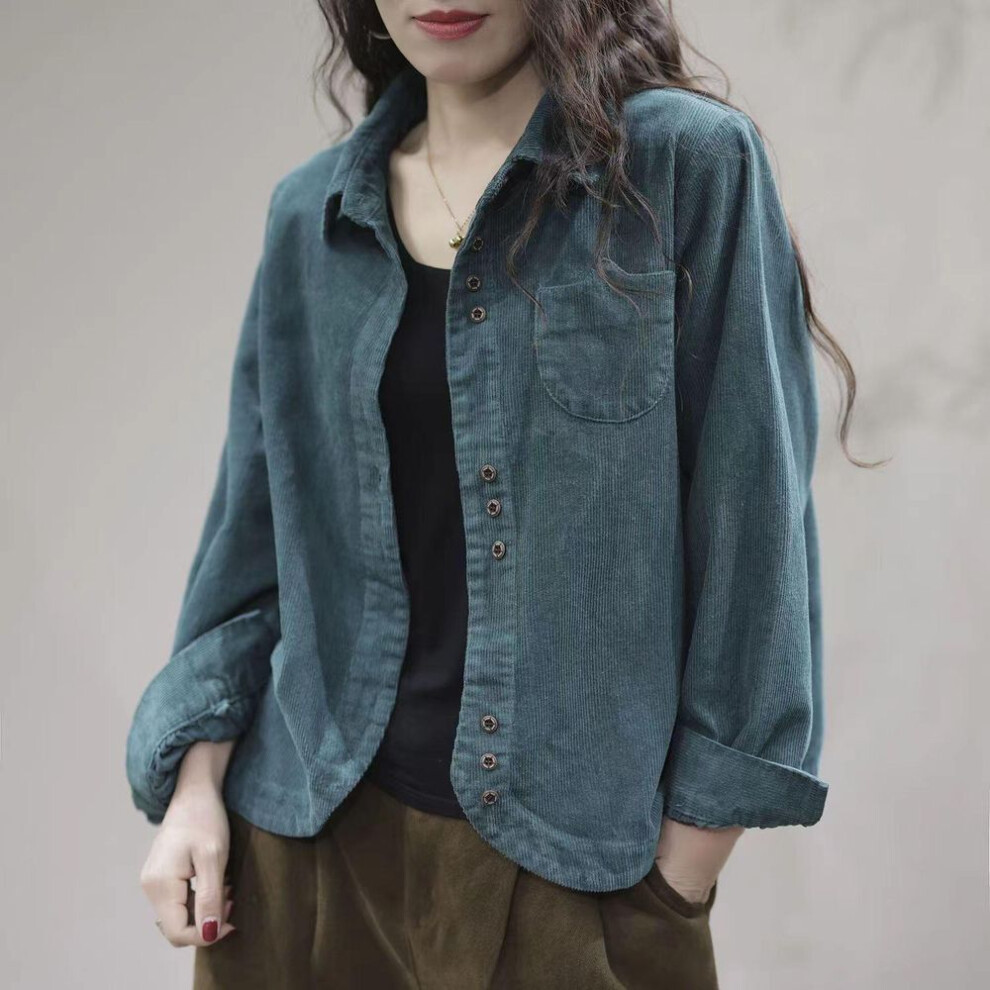 (3XL, blue) Plus-size Womens Casual Fashion Turn Down Collar Long Sleeve Loose Corduroy Cardigans Blazer Jacket Loose L-3xl