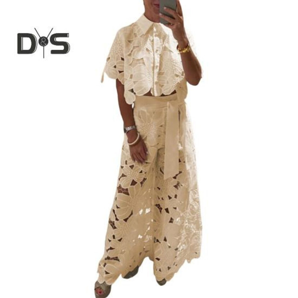 (yellow, XL) 2 Pcs/set Women Top Pants Suit Hollow Out Flower Applique Turn-down Collar Button-down Short Blouse Wide Leg Trousers Set