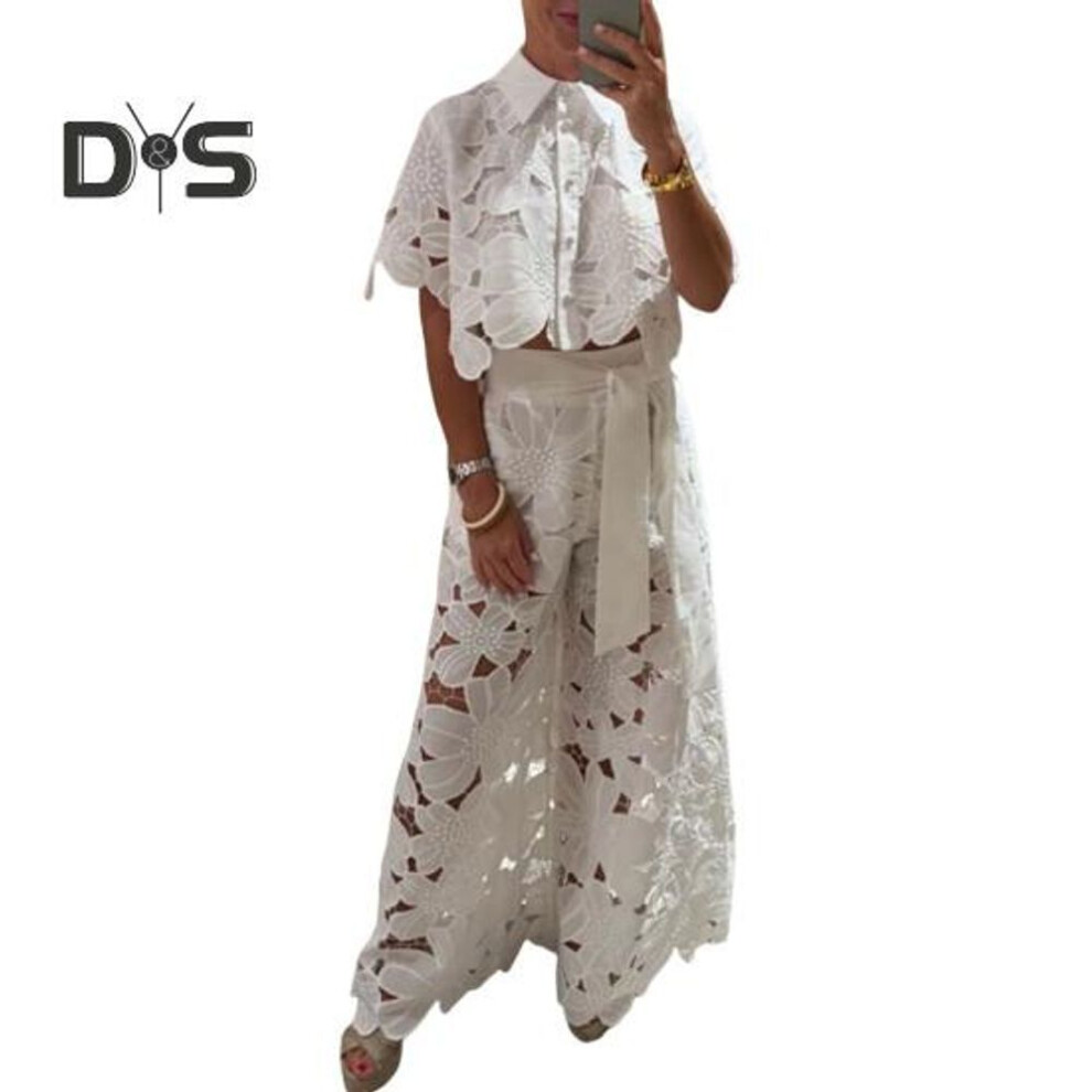 (white, M) 2 Pcs/Set Women Top Pants Suit Hollow Out Flower Applique Turn-down Collar Button-down Short Blouse Wide Leg Trousers Set