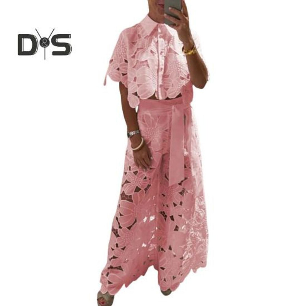 (pink, M) 2 Pcs/Set Women Top Pants Suit Hollow Out Flower Applique Turn-down Collar Button-down Short Blouse Wide Leg Trousers Set