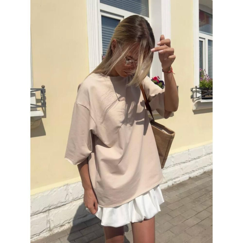 (L/XL, khaki) Hirsionsan Summer Casual Oversized T-shirts Women 100% Cotton Pink Loose Tees 2025 New Cusual Solid O Neck Female Aesthetic Tops