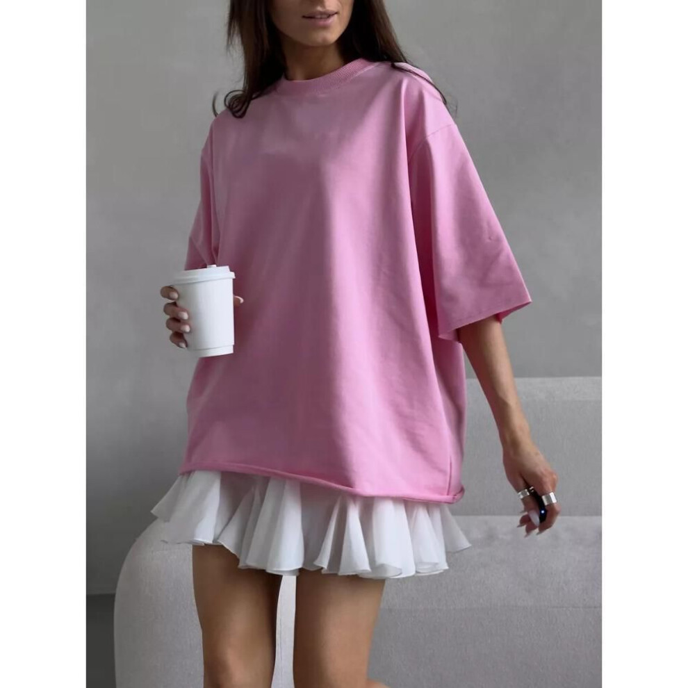 (S/M, pink) Hirsionsan Summer Casual Oversized T-shirts Women 100% Cotton Pink Loose Tees 2025 New Cusual Solid O Neck Female Aesthetic Tops