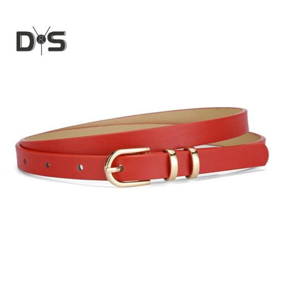 (red) Women Belt Adjustable Multi Holes Design Thin Belt Faux Leather Pin Buckle Belt Solid Color Jeans Pants Belt Costume Accessories