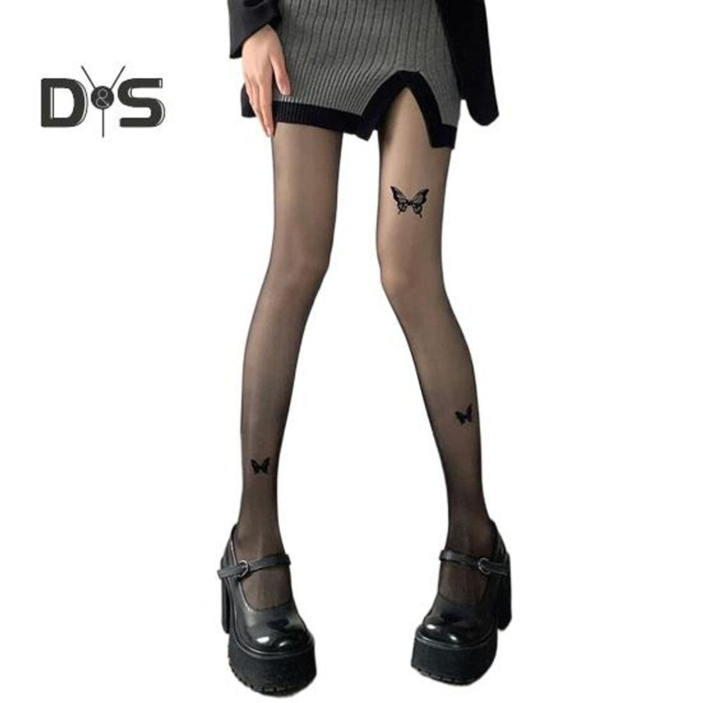 (cool black) Women Pantyhose Butterfly Print Ultra-thin See-through High Elasticity Anti-slip Solid Color Commute Dating Party Mini Skirt Matching Pantyhose