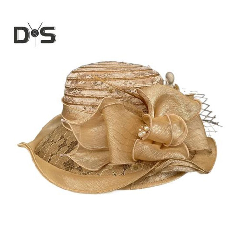(khaki) Women Fisherman Hat Organza Lace Bow Faux Pearl Feather Decor Vintage Royal Style Flat Top Anti-uv Sun Protection Prom Party Formal Occasion Cap