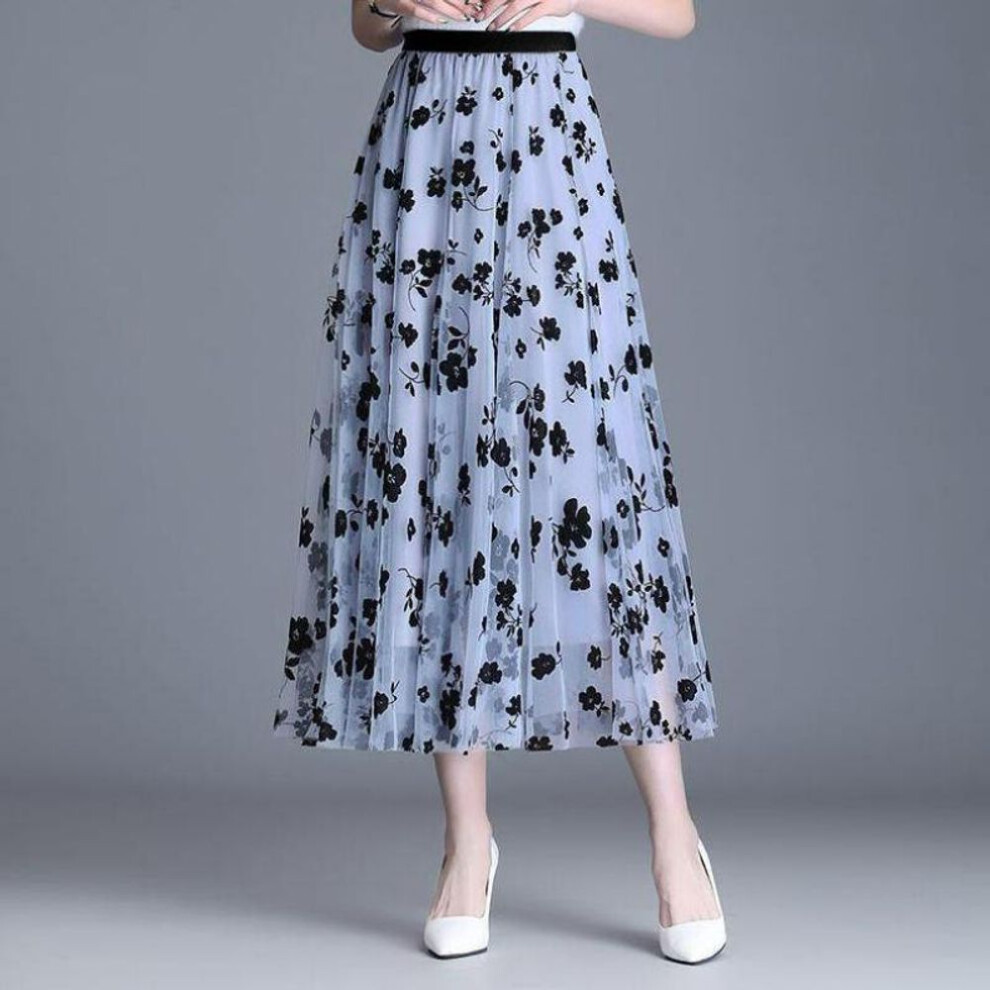 (S, light blue) Women's Spring and Summer Mesh Floral Bustier Skirt High Waist Fashion Printing Umbrella Skirt