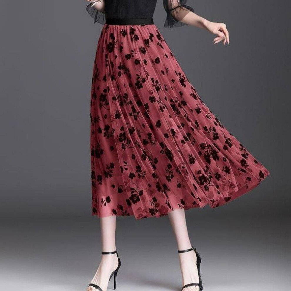(L, red) Women's Spring and Summer Mesh Floral Bustier Skirt High Waist Fashion Printing Umbrella Skirt