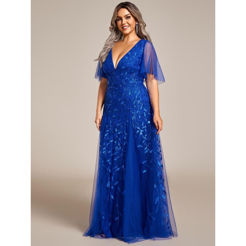 (sapphire blue, 7XL) Ever-pretty Womens Plus Size V Neck A Line Sequin Tulle Formal Dresses