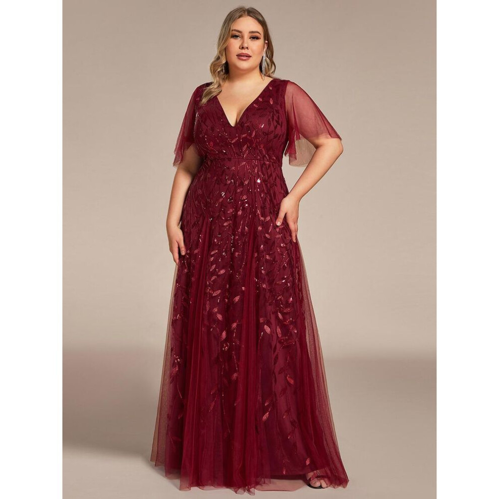 (burgundy, 5XL) Ever-pretty Womens Plus Size V Neck A Line Sequin Tulle Formal Dresses