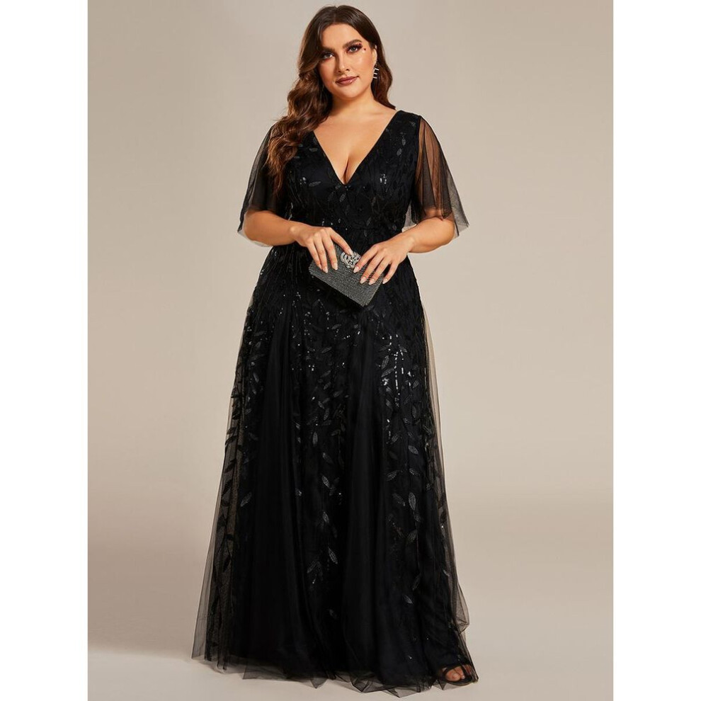 (black, 6XL) Ever-pretty Womens Plus Size V Neck A Line Sequin Tulle Formal Dresses