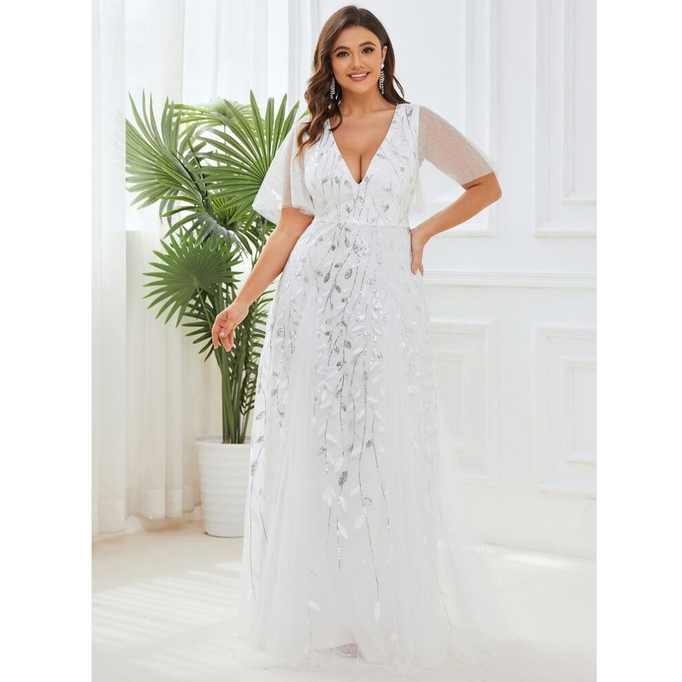(white, 4XL) Ever-pretty Womens Plus Size V Neck A Line Sequin Tulle Formal Dresses