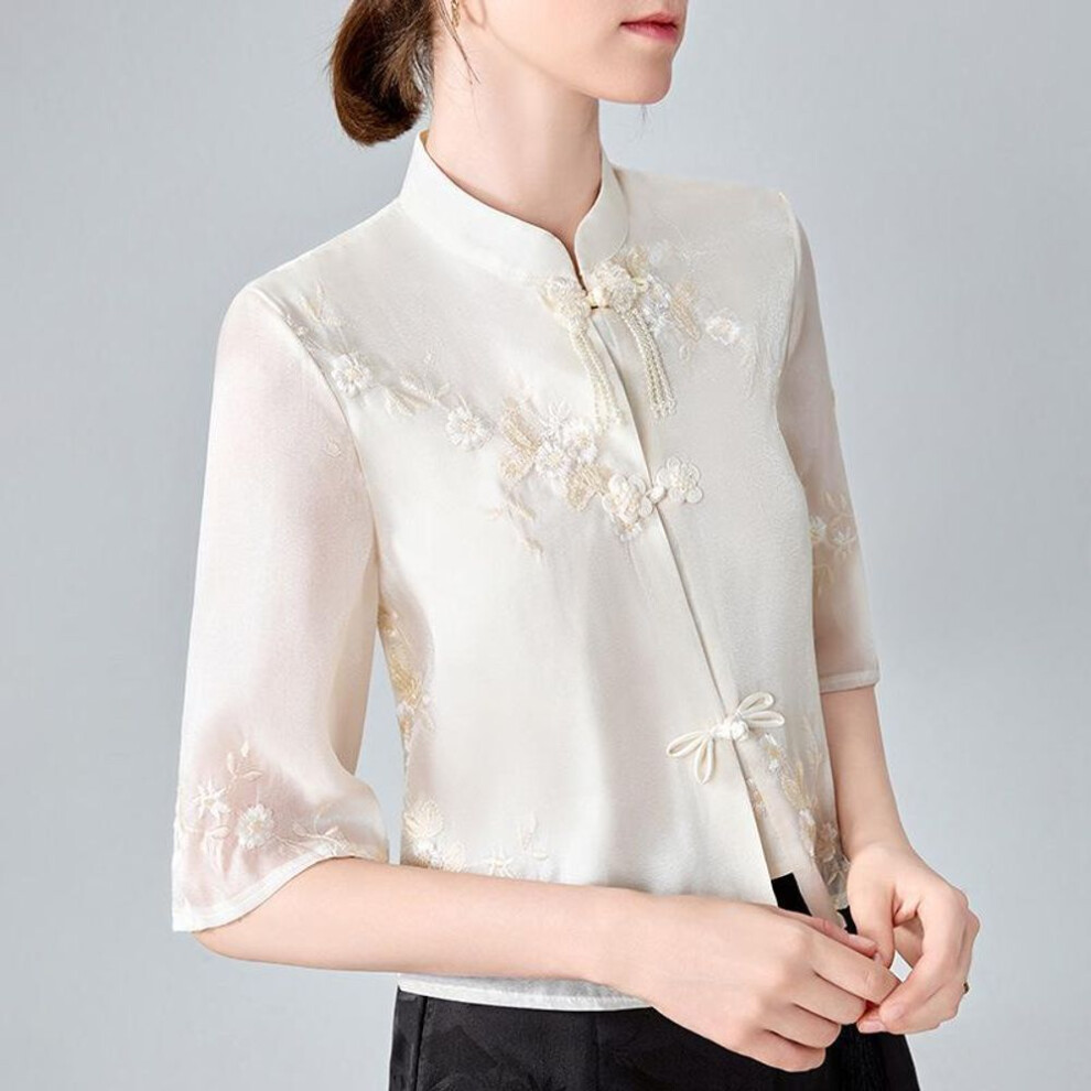(XL, as the picture) New Chinese Stand-up Collar Shirt for Women New Women's Retro Light Luxury Chinese Style Embroidered T-shirt Tassel Button Top