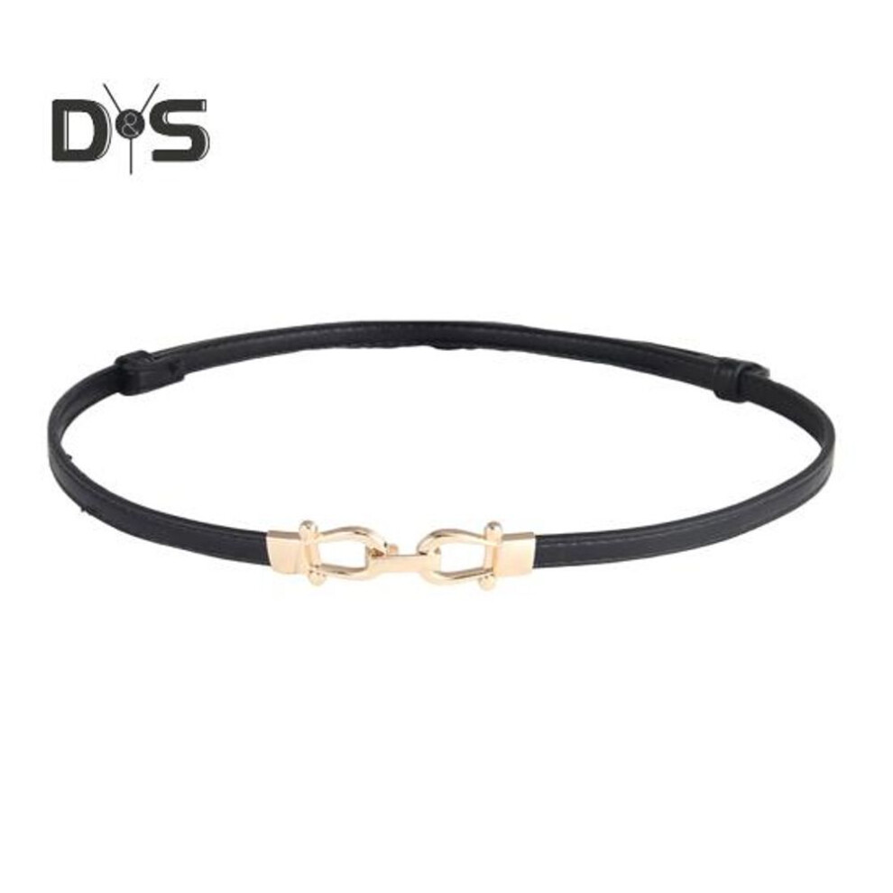 (black) Women Skinny Thin Belt Pair Buckle Design Waist Cincher Waist Belt With Golden Buckle Adjustable Length Imitation Leather Belt Clothing Accessories