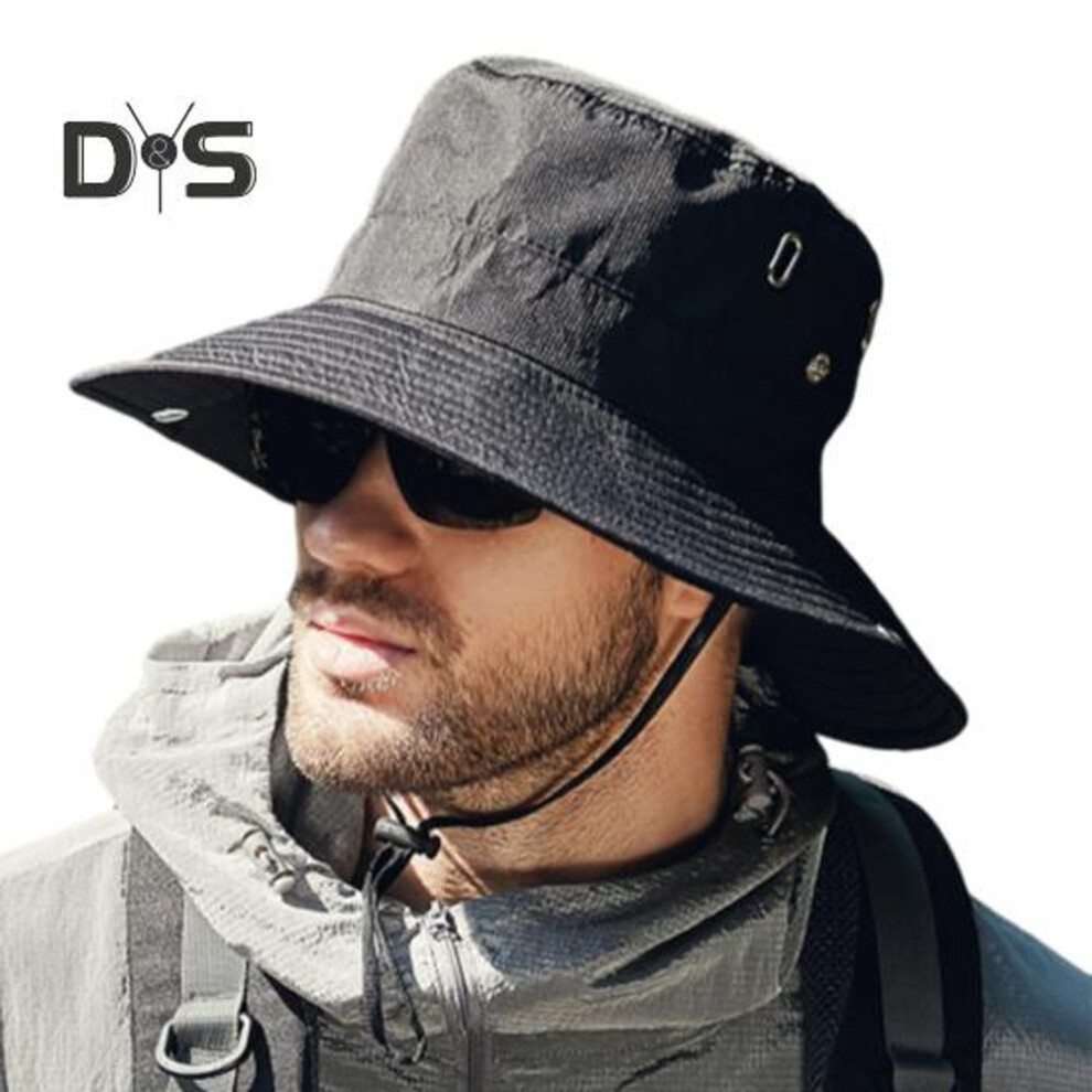 (black) Men Summer Sun Hat Windproof Strap Wide Brim Anti-uv Sun Protection Foldable Portable Gardening Fishing Travel Cap Outdoor Fisherman Hat