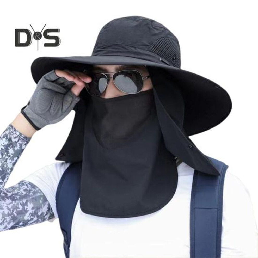 (black) Unisex Sunhat with Detachable Front Cover Face Neck Protection Anti-UV Sunscreen Long Brim Outdoor Fishing Cycling Gardening Camping Cap