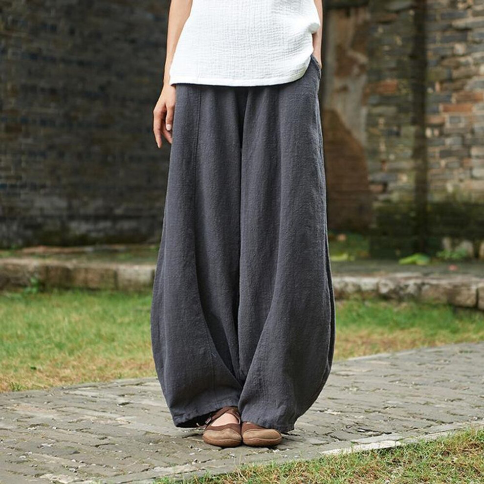 (dark grey, M) Plus Size Autunm Casual Cotton Linen Pants Women Spring Summer Elastic Waist Basic Retro Loose Women' Harem Pants Trousers