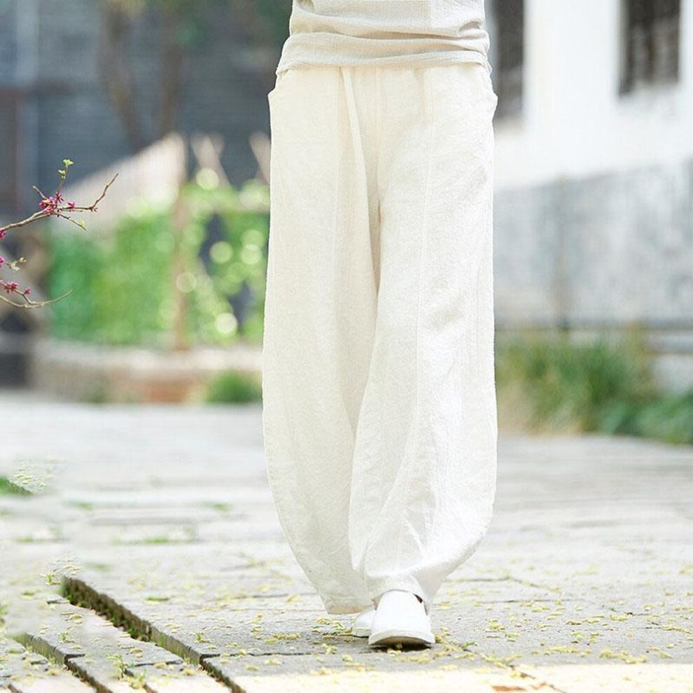 (white, L) Plus Size Autunm Casual Cotton Linen Pants Women Spring Summer Elastic Waist Basic Retro Loose Women' Harem Pants Trousers