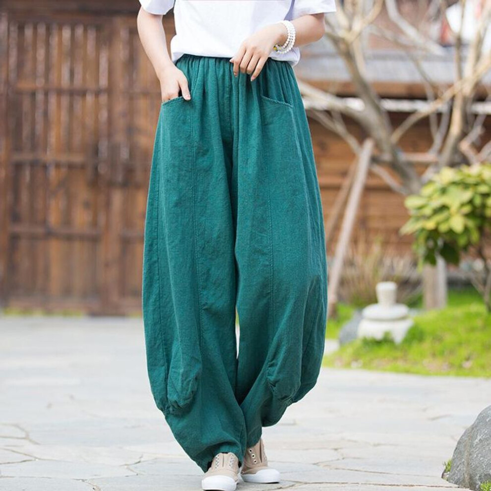 (lake blue, M) Plus Size Autunm Casual Cotton Linen Pants Women Spring Summer Elastic Waist Basic Retro Loose Women' Harem Pants Trousers