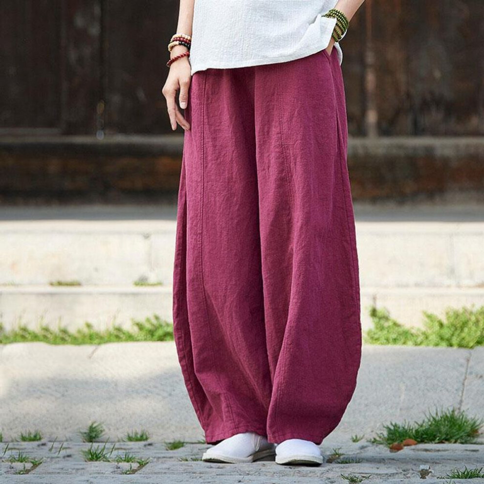 (wine red, L) Plus Size Autunm Casual Cotton Linen Pants Women Spring Summer Elastic Waist Basic Retro Loose Women' Harem Pants Trousers