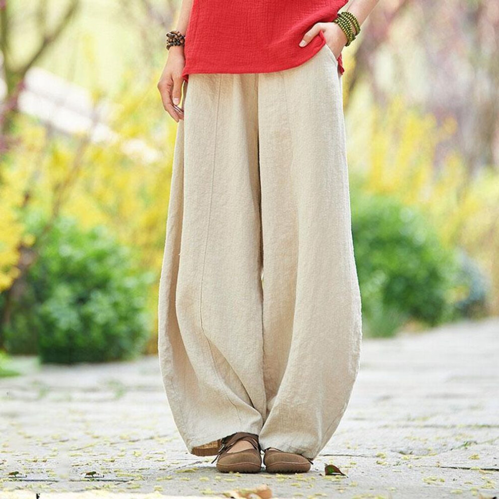 (apricot, S) Plus Size Autunm Casual Cotton Linen Pants Women Spring Summer Elastic Waist Basic Retro Loose Women' Harem Pants Trousers