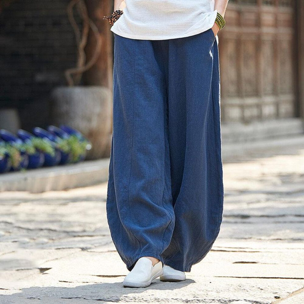 (navy blue, S) Plus Size Autunm Casual Cotton Linen Pants Women Spring Summer Elastic Waist Basic Retro Loose Women' Harem Pants Trousers