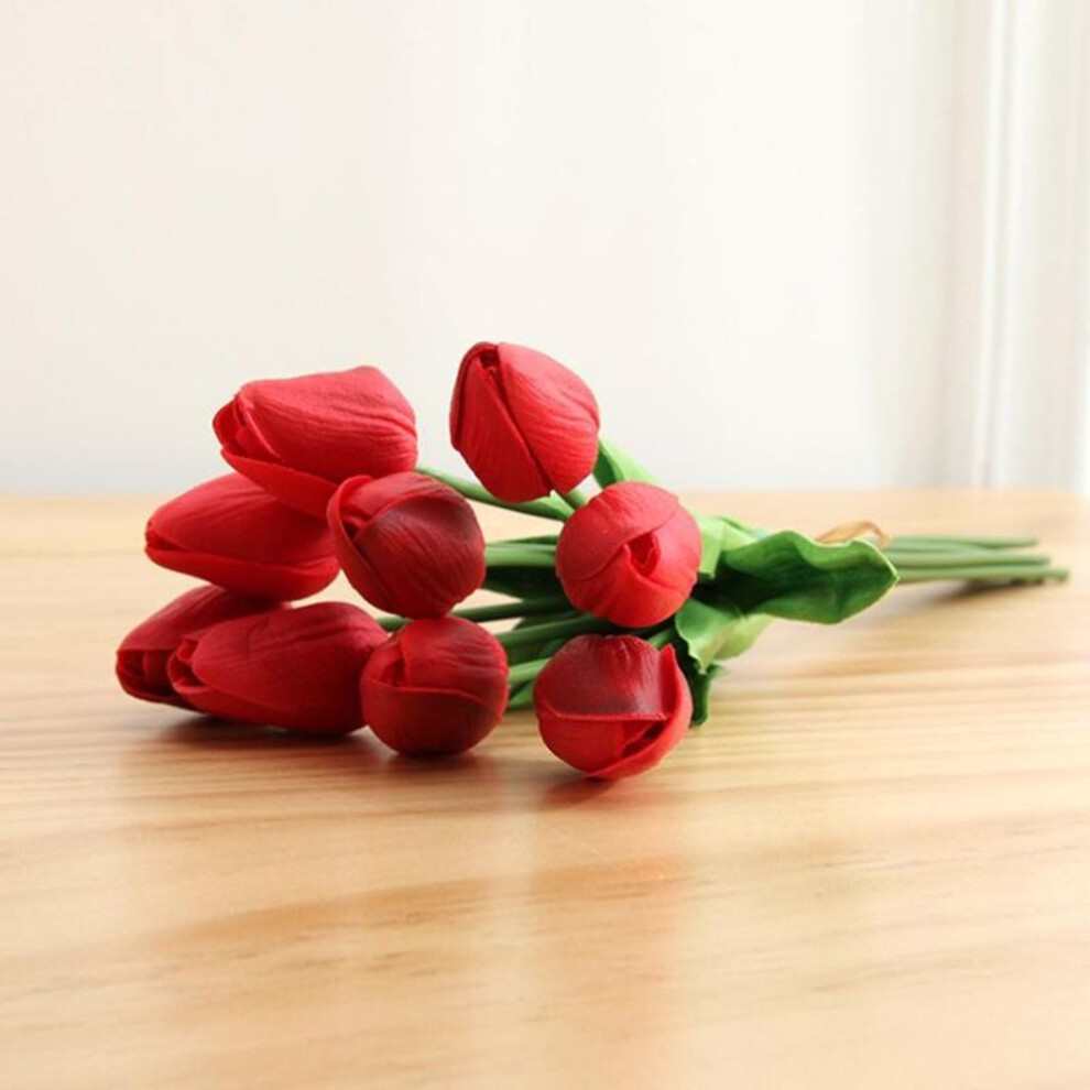 (Red) Artificial Tulip Flowers Mini Tulip Flowers Fake Flowers Real Wedding Party Decoration Flowers Bridal Home Party Decoration Valentine's Day