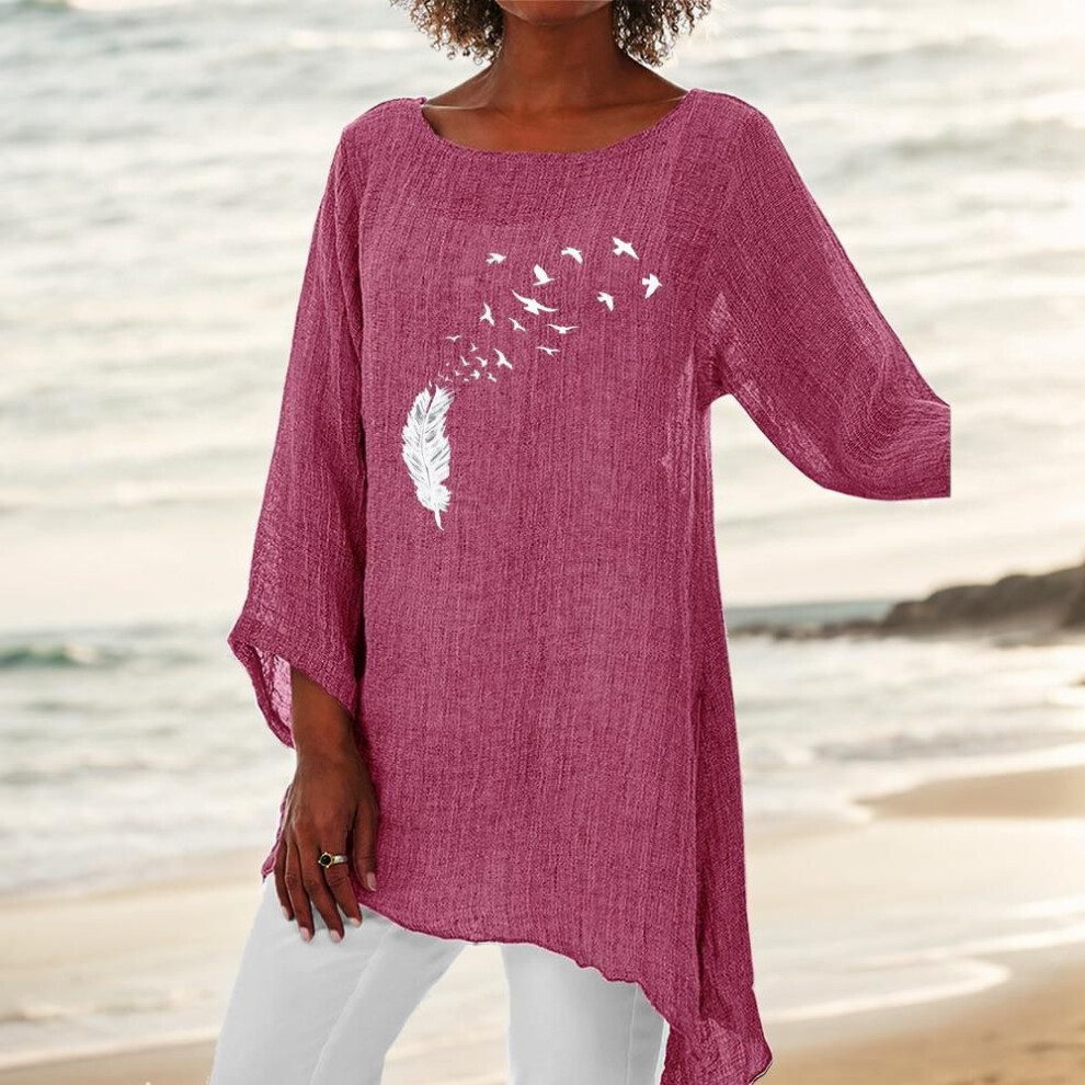 (XXXXL, pink) Women Fashion 3/4 Sleeve Top Round Neck Print Blouse Ladies Thin Cotton Linen Shirt