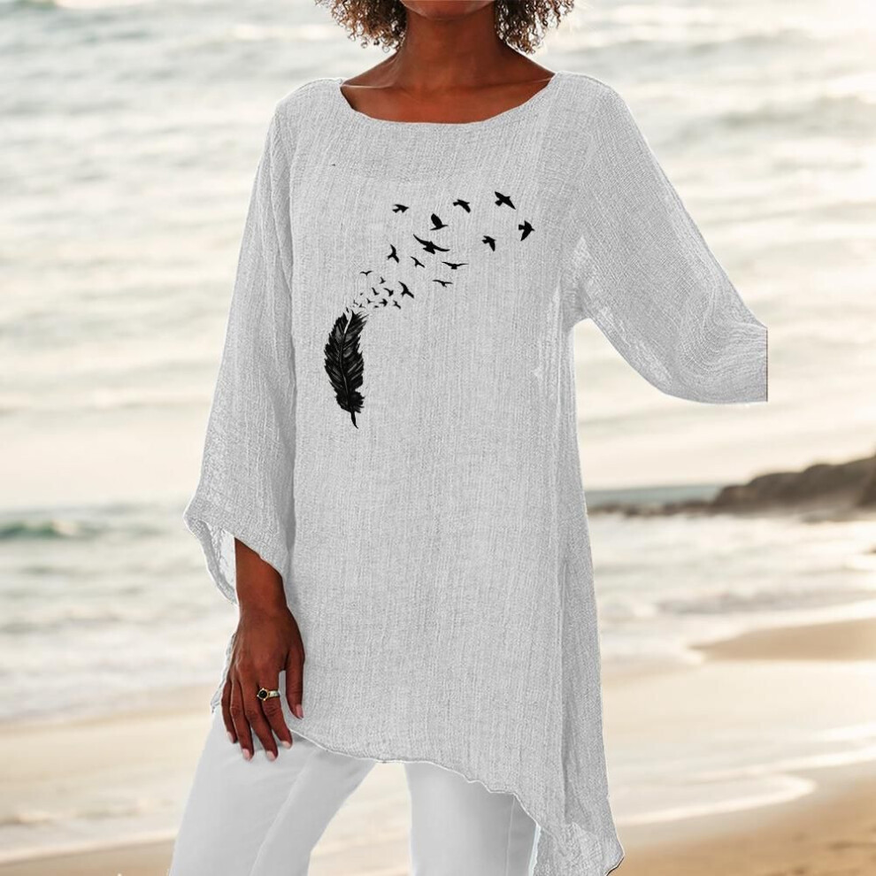(XL, white) Women Fashion 3/4 Sleeve Top Round Neck Print Blouse Ladies Thin Cotton Linen Shirt