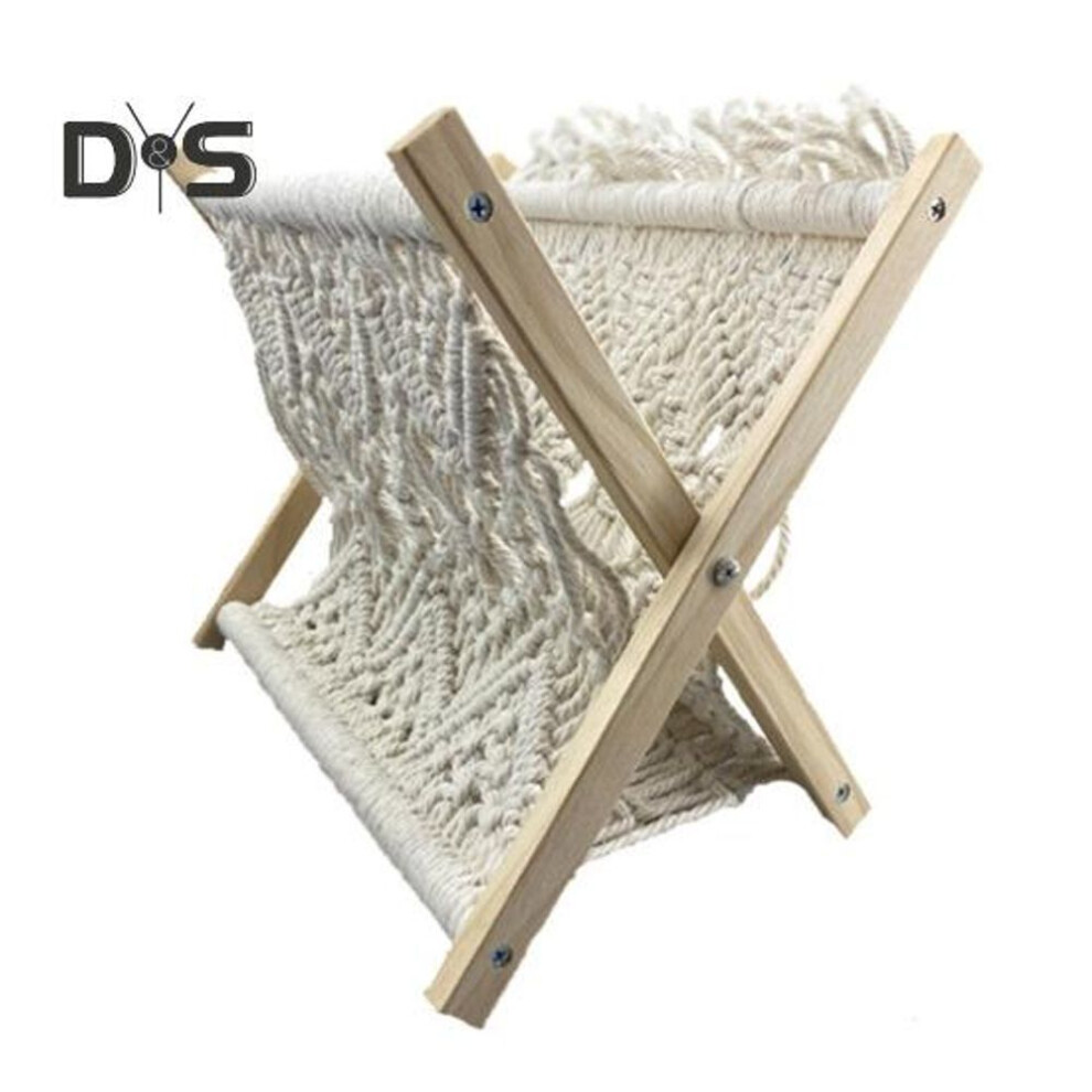 Boho Magazine Rack Holder Standing Basket Storage Organizer Space Saving Braided Cotton Rope Wooden Stand