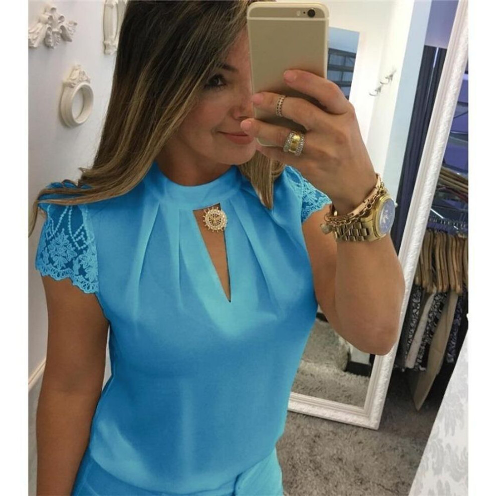 (M, blue) Woman Blouse 2025 V-Neck Lace Casual Shirt Solid Loose Short Sleeve Shirts Sleeve Lace Casual Tank Tops Blouse Sexy Blusas