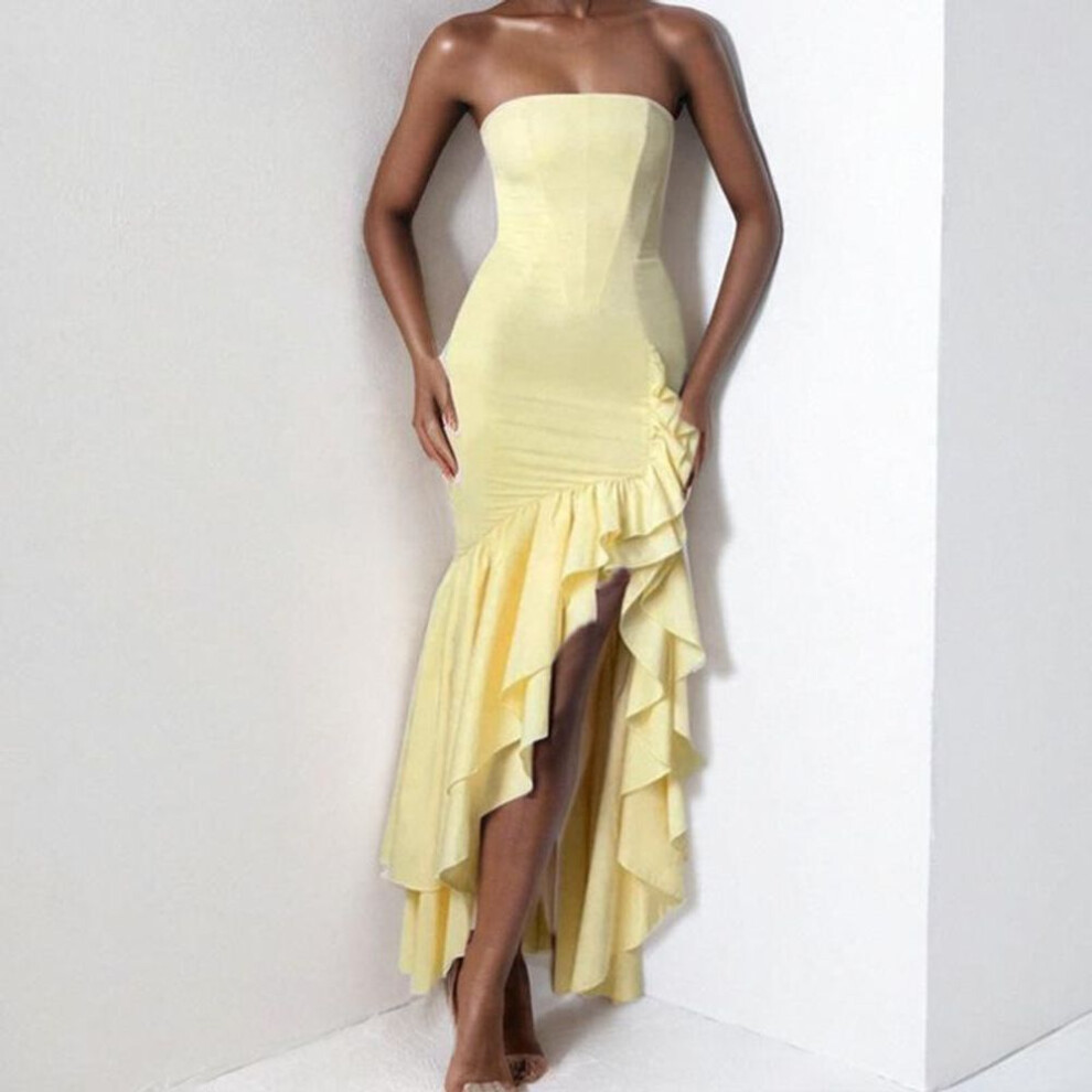 (yellow, XL) Women's Clothing 2025 Spring New Fashion Sexy Off-the-shoulder Tube Top Irregular Temperament Dress