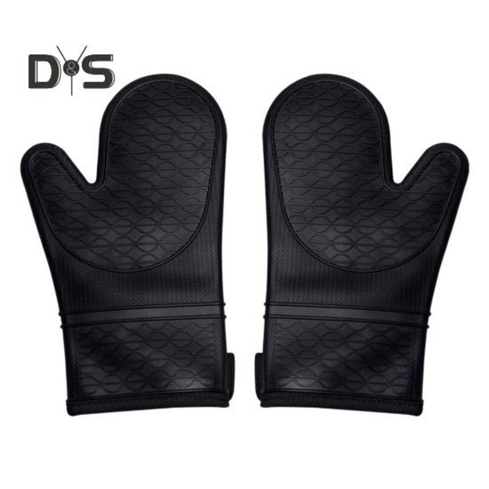 (black) 1 Pair Silicone Oven Mitts Waterproof Stain-Proof Heat Resistant Kitchen Gloves with Cotton Lining Non-Slip Grip Gloves