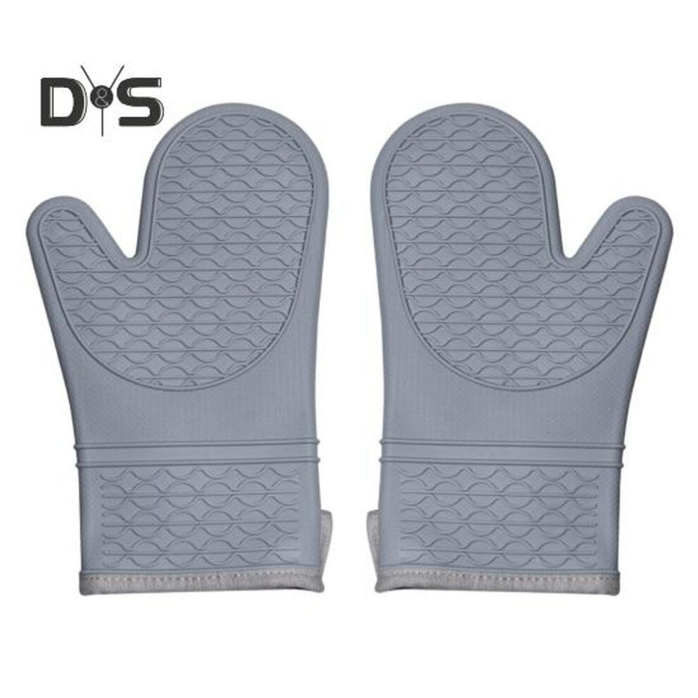 (grey) 1 Pair Silicone Oven Mitts Waterproof Stain-proof Heat Resistant Kitchen Gloves With Cotton Lining Non-slip Grip Gloves