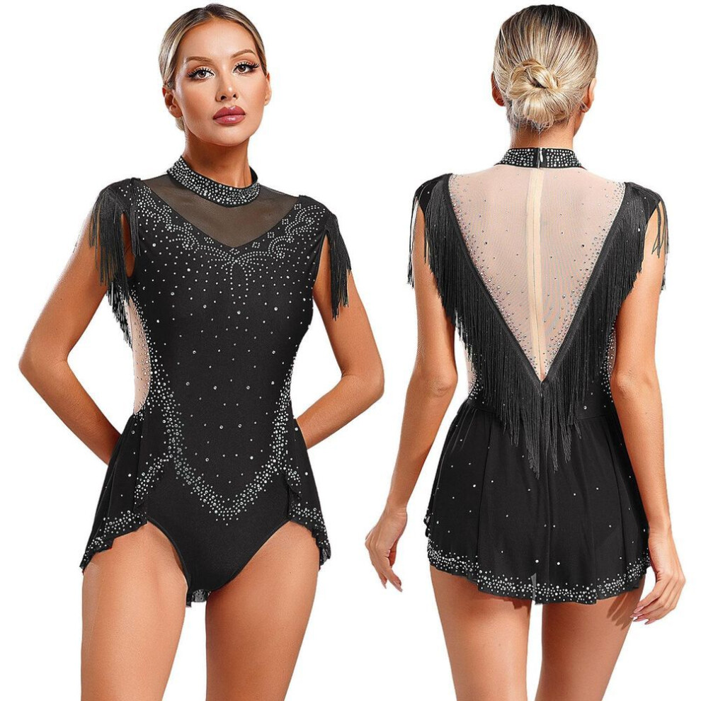 (black, XXL) Womens Ballet Gymnastics Dress Rhinestones Figure Ice Skating Leotard Sleeveless Sheer Mesh Patchwork Tassel Skirted Bodysuit